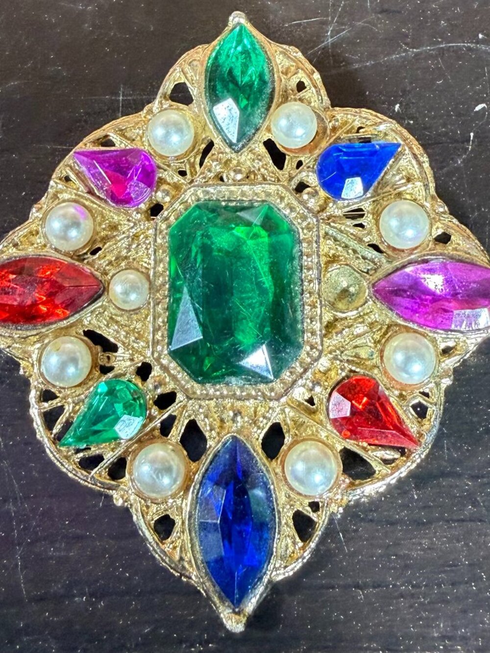 Vintage Gold Tone Statement Brooch Green/Red/Blue/Purple Rhinestones Fashion
